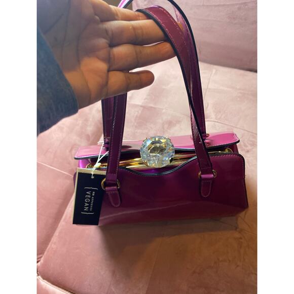 Le Miel Purple Glossy Patent Leather Faux Diamond 2-n-1 2x Handle Handbag RARE - Picture 7 of 16